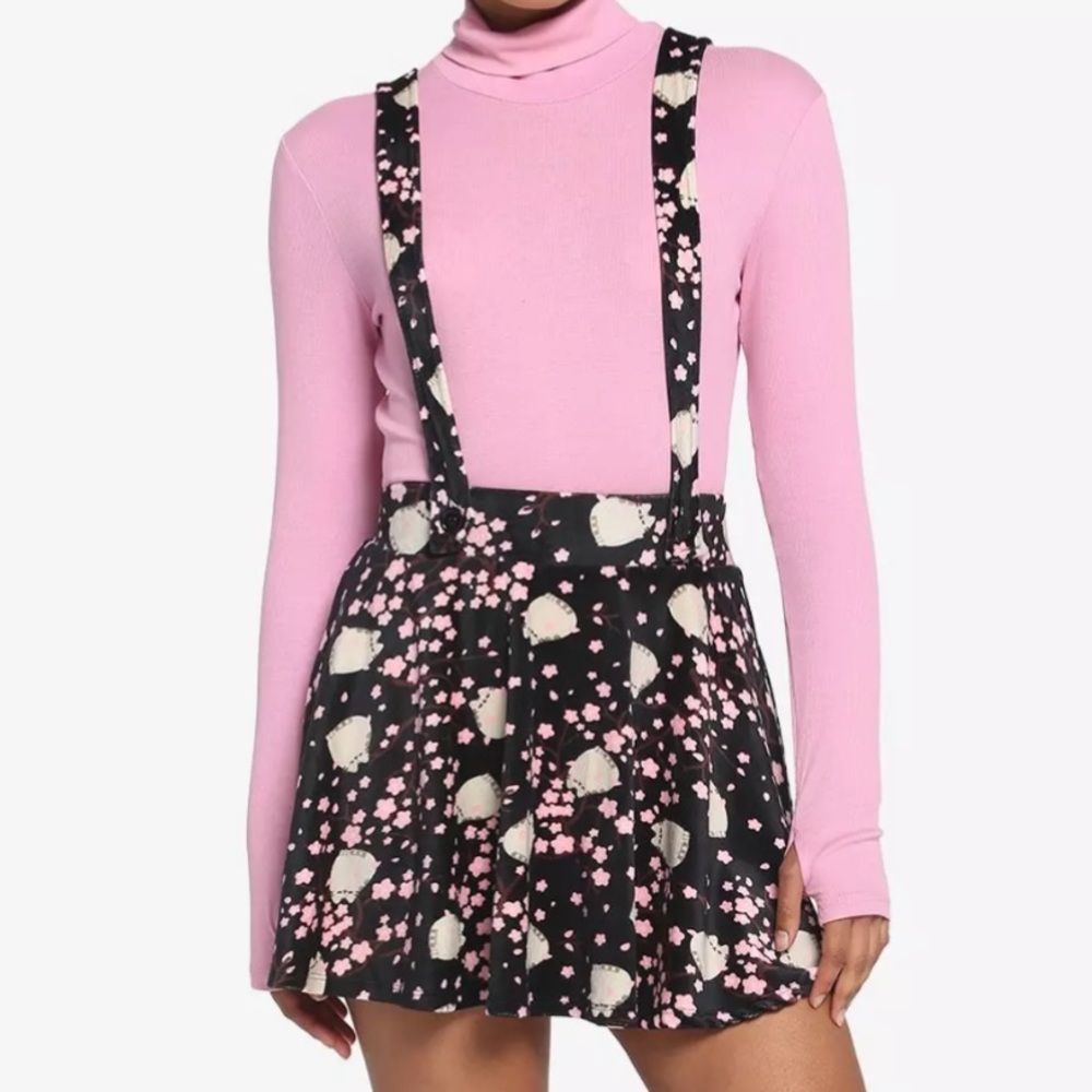 Hot Topic Black Floral Suspender Skirt with Pink Accents